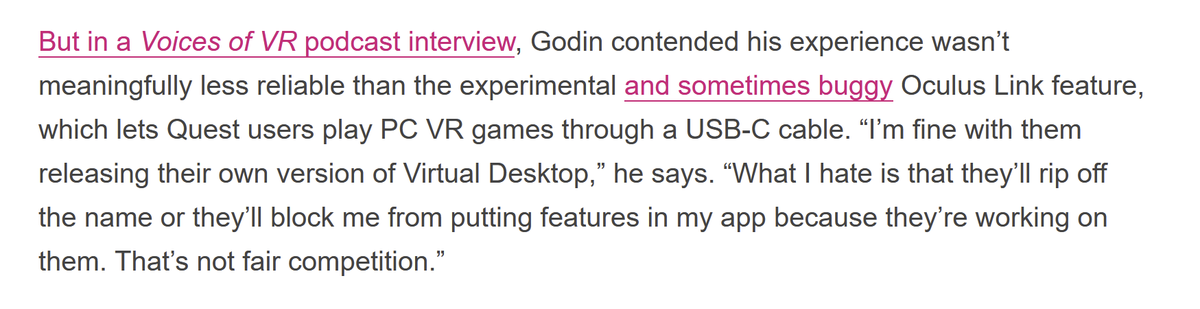 7/ On Sep 25, 2020  @Verge's  @thedextriarchy wrote an article titled "Facebook is turning VR into a platform — but some indie developers fear its power: ‘We’re basically guinea pigs.’"She quoted Shankar, Godin & other VR devs + cited my chat w/  @VRDesktop: https://twitter.com/kentbye/status/1309566412793368576