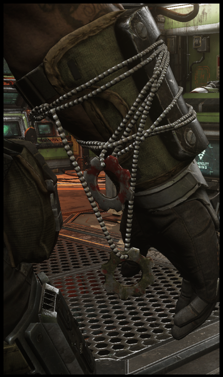 As most of you have already guessed, yes, he is meant to have a Tag from both Anthony and Benjamin’s COG Tags tied around his arm bracer. The bloody one being Anthony’s and the corroded one being Ben’s. (cont)