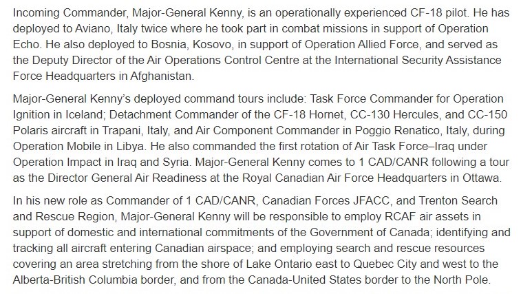  https://www.norad.mil/Newsroom/Article/2287546/1-canadian-air-division-welcomes-new-commander/Major-General Eric Kenny succeed Lieutenant-General Alain Pelletier as the new Commander of 1 CAD/CANR, Joint Force Air Component Commander, and Trenton Search and Rescue Region.