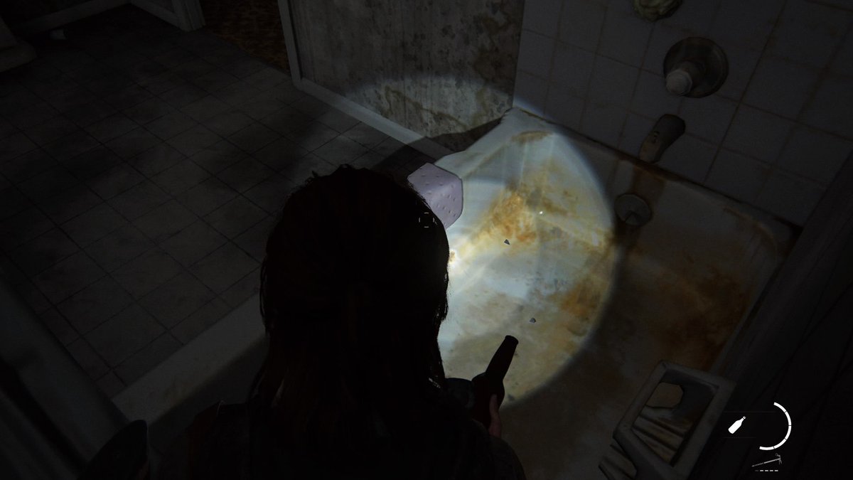 Playing #TLOU2, jumped through a window and Ellie has gotten stuck 😭😂 
She can escape clickers and soldiers, but not baths apparently.