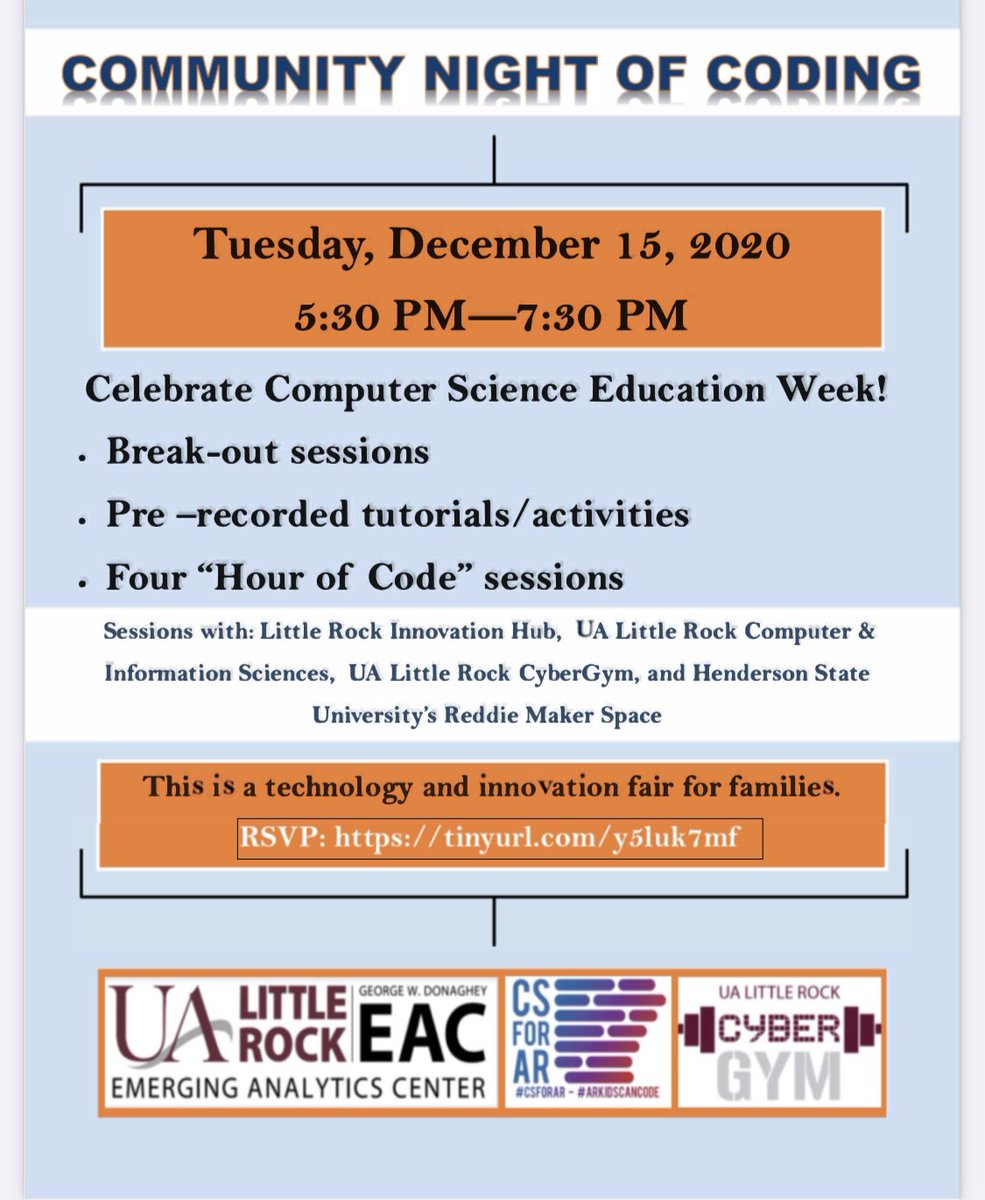 ualrcybergym's tweet photo. Join us as we move our event virtual! #csedweek #csforall #cs4ar #coding #computerscience https://t.co/Atu74GUuPN