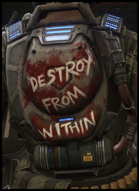 The “Destroy From Within” graffiti on his back is a reference to the Hivebuster motto and Escape catch phrase, while the “Plant Run” graffiti on his chest serves the same suppose his original graffiti did where it’s supposed to let inexperienced soldiers know what they should do.