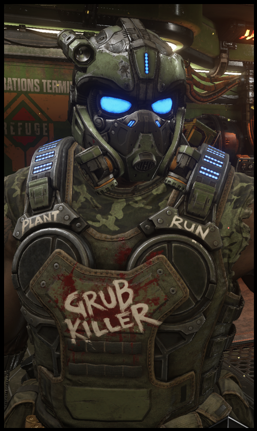The “Destroy From Within” graffiti on his back is a reference to the Hivebuster motto and Escape catch phrase, while the “Plant Run” graffiti on his chest serves the same suppose his original graffiti did where it’s supposed to let inexperienced soldiers know what they should do.