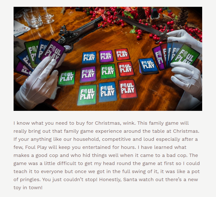 We went quiet again because our head honchos <a href="/BenCooMu/">Ben Cooper-Muir</a> &amp; <a href="/MrTomFisher/">Tom Fisher</a> have been busy launching the new <a href="/afterdarkmurder/">After Dark Murder Mystery</a> product: Foul Play: The Murder Mystery Card Game. 
We'll be sharing some reviews of the game from the <a href="/DamppebblesBTs/">damppebbles blog tours | damppebbles.com</a> Blog Tour over the next few days!