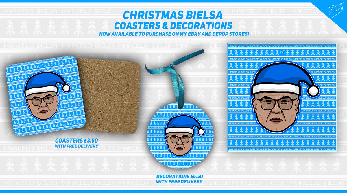 joshuacfirth's tweet photo. NEW Marcelo Bielsa Leeds Christmas Coasters &amp; Tree Decorations are now available to purchase on my eBay &amp; Depop stores!

Coasters are £3.50 each &amp; the tree decorations are £5.50 each!
Delivery is FREE on all orders!

Links are below 🔽

#lufc #bielsa #leeds https://t.co/CGQqziCgDt