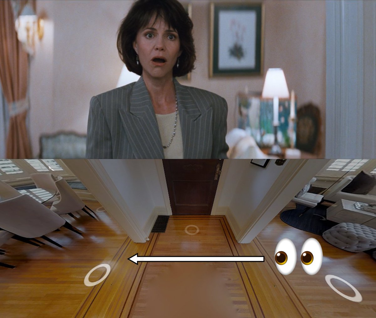 I always found this shot weird, how Miranda is in the living room, turns toward the camera and goes agape. Lo and behold, that's exactly where the dining room would be!