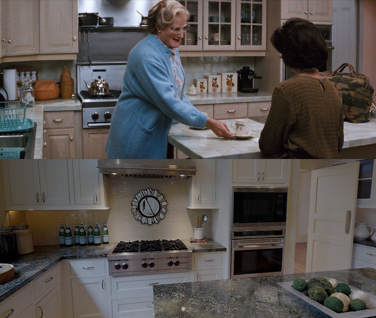This is the biggest mystery to me: They somehow made the kitchen /less/ spacious?? The stove doesn't seem any closer to the sink side, but there's like 3ft of countertop missing as you move to the ovens. Camera trick, or major overhaul? No clue here.