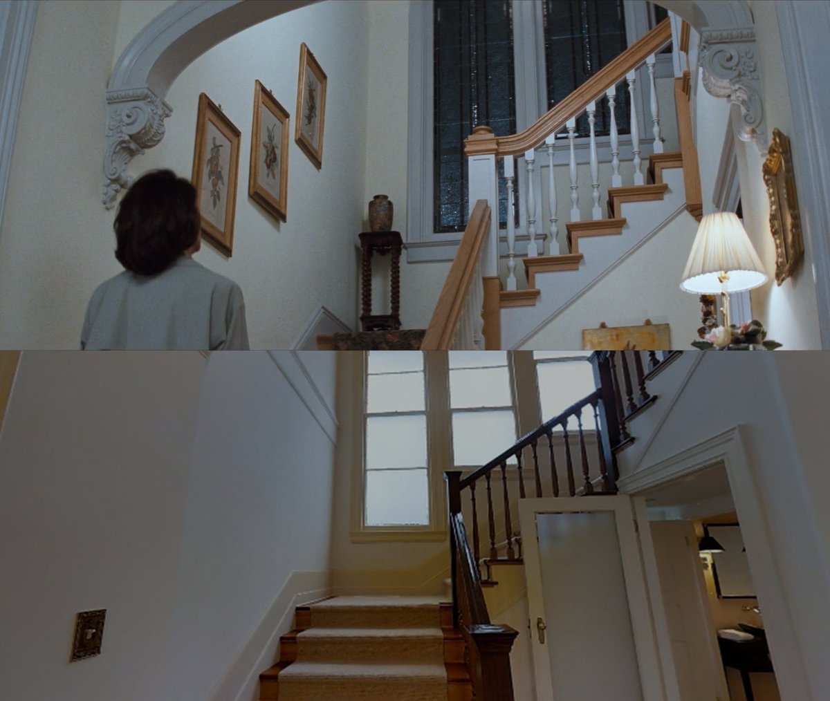 The ceiling arch treatment, trim, window sills? All gone. But hey, there's a bathroom just to the right we never saw in the movie!