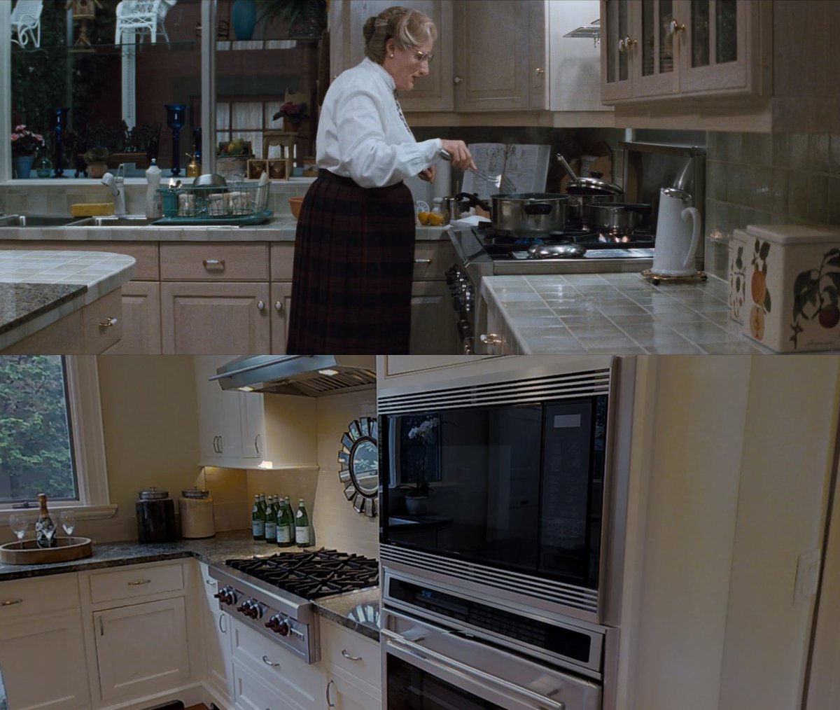 I used to think this shot was impossible since the ovens are right there, but perhaps the camera is slammed right up against them? Looks totally impossible with the modern version below.