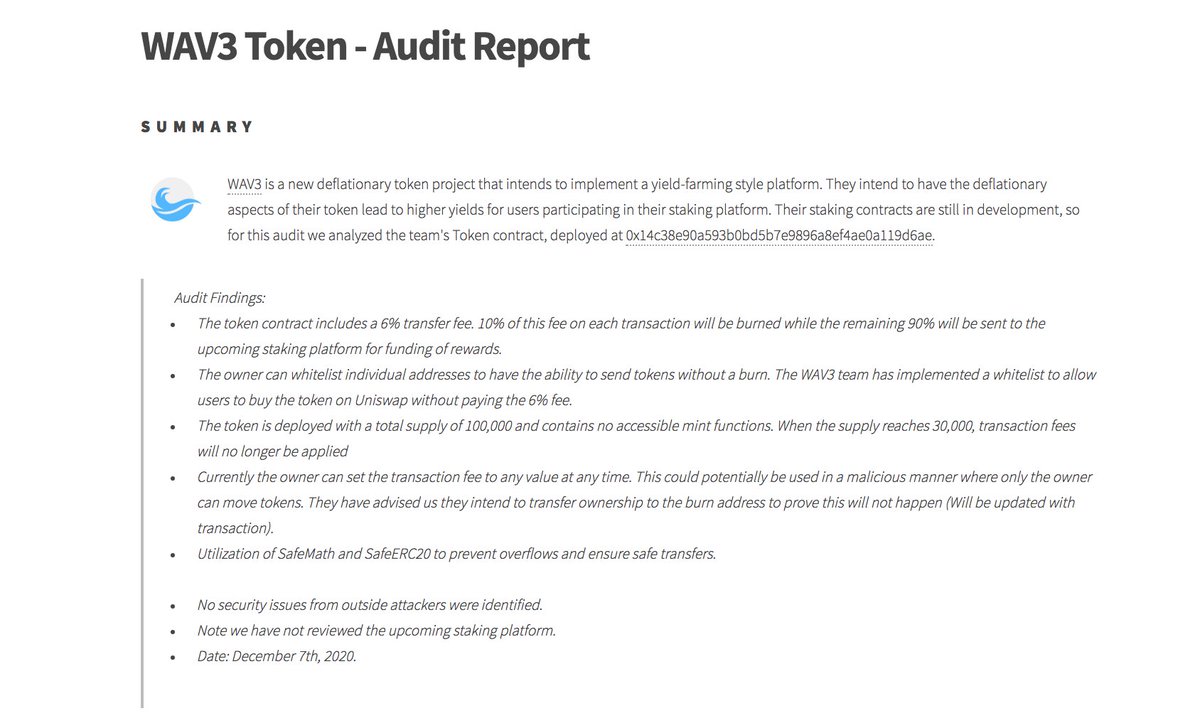#WAV3 <a href="/WAV3org/">WAV3</a> just had their audit complete and all looks very good! 🎉 

Get ready for take off! 🚀

➡️ solidity.finance/audits/WAV3/