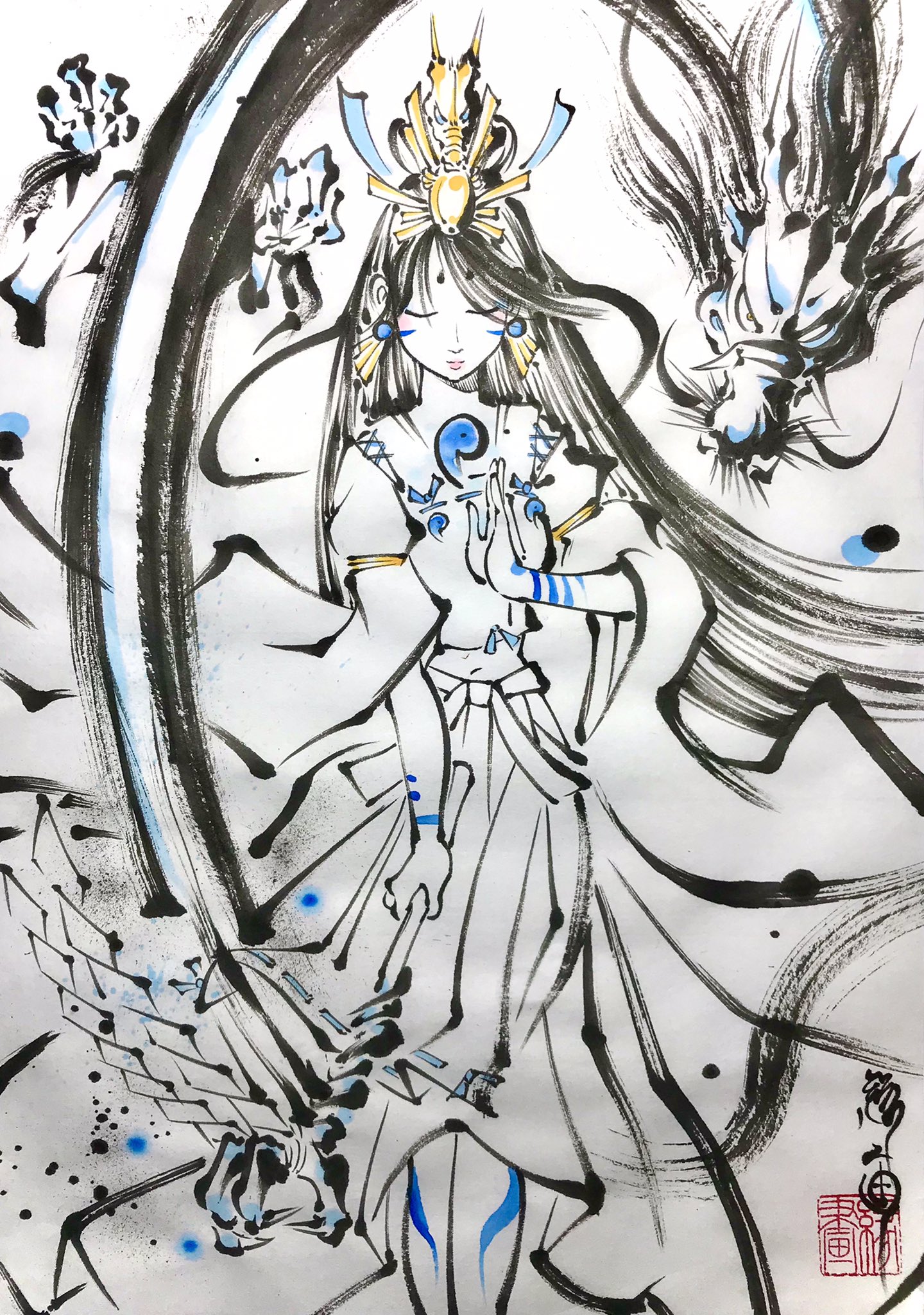 お気に入り】 善女龍王（瀬織津姫＆白龍大神） 鉛筆画 絵画/タペストリ ...