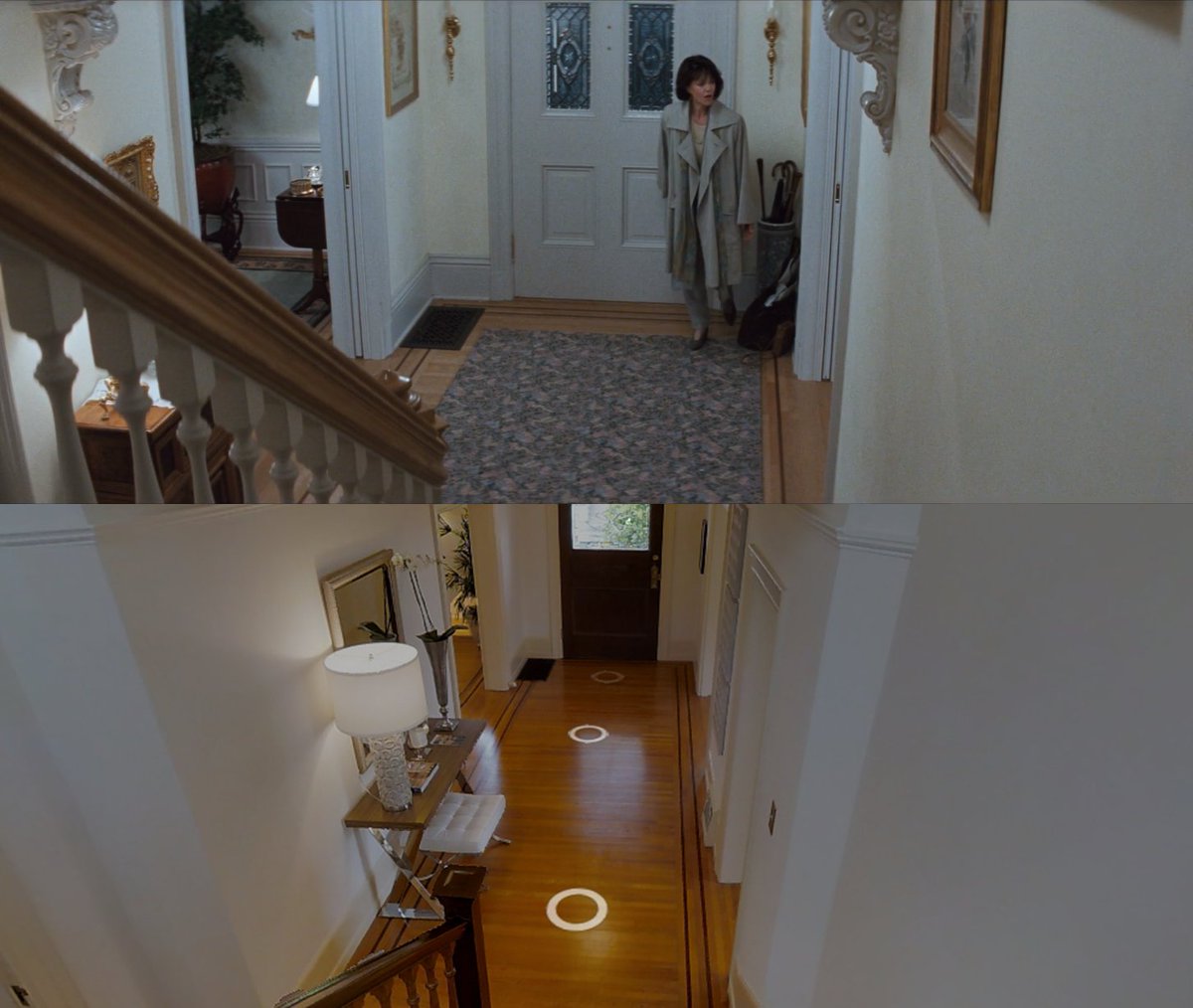 Props to the cinematographer, who constantly worked to make the stairs look like they're right at the front door. They're more so at the back of the house, with 2 entries to the living room to the right and dining room / kitchen entries on the left.