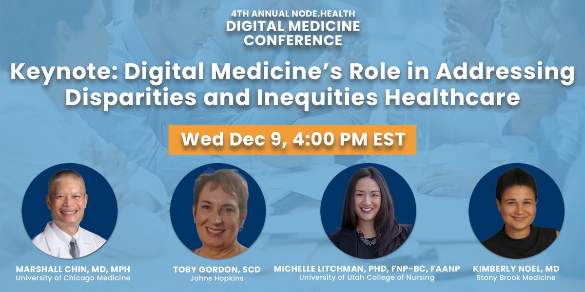 nodehealthorg's tweet photo. Our second free keynote of the day is now live! Join us to hear @MichLitch @DrKimNoel @MarshallChinMD and Toby Gordon discuss #digitalmedicine’s role in addressing #disparities and #inequities in #healthcare! #NODEHealthDMC #digitalhealth #MedEd #MedTwitter https://t.co/OR1Phnv3Wr