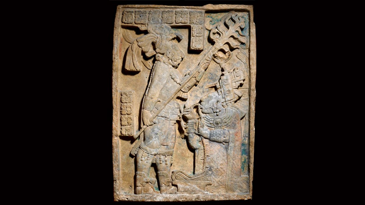 51. Maya Relief of Royal Blood-lettingIn this sculpture, the queen is pulling a rope with thorns through her tongueThis pain would, after ritual preparation, send her into a visionary trance
