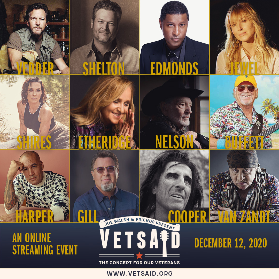 With friends like these... we're putting on the livestream of the year available to fans ALL AROUND THE WORLD on 12/12 (with replay through 12/14)! VetsAid 2020 rocks YOUR house w/ all proceeds going to veterans services. $20 passes available now - vetsaid.veeps.com