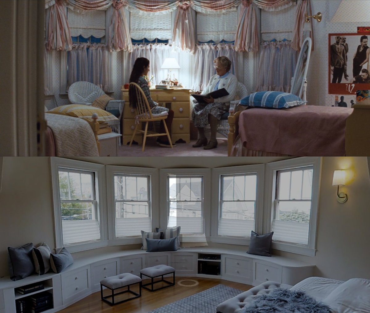 This is the kids' room, but looks to be the master bedroom today. Either production crew changed things up for filming, or renovations switched things up.