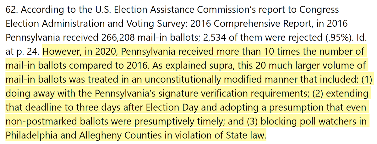 TEXAS LAWSUIT - PENNSYLVANIAIn 2020, PA received 10x the mail-in ballots from 2016 & these were treated in an unconstitutional manner by doing away signature requirements, extending deadlines beyond Election Day, & blocking poll watchers in Philadelphia & Allegheny County.