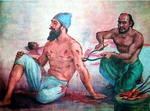 22/nYet Banda Bahadur sat motionless like a rock. His spirit had gone beyond pain. The Muslims cheered as the executioner slashed off Banda's left foot, then both of his arms. Then a pair of red-hot pincers were brought and chunks of Banda's flesh were torn off his frame.