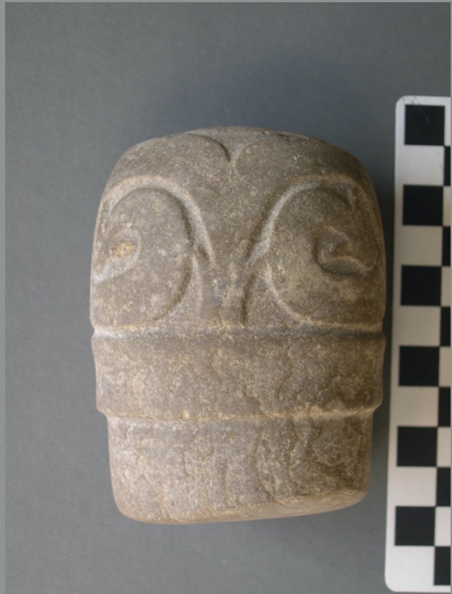 But buried at its base was a finely carved stone. These stones are called lightning stones, because they prevent(ed) lightning from striking houses. This was the first recovered from an excavated context, but other carved lightning stones were circulating in the deep past(3/25)