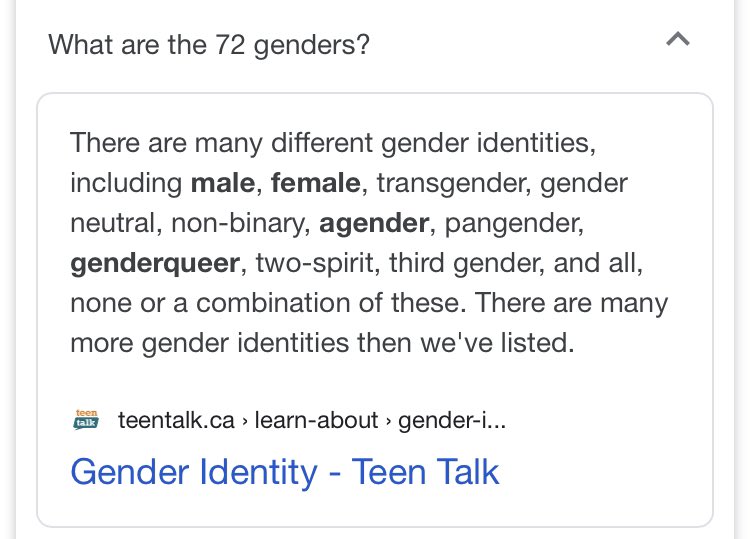 Q1. What are the 72 genders?A. There are many different gender identities, too much to list.(In this context and taken to its logical conclusion, each person can be given a unique gender identity, as many as the number of humans on the planet. Basically personality.)