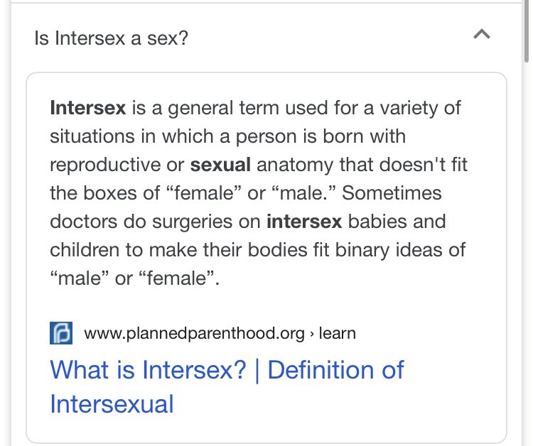 Q3. Is intersex a sex?A. Intersex describes a person born with sexual anatomy that “doesn’t fit the boxes of male and female.”(Intersex / VSDs / CCSDs represent variation *within* males and females, not variation outside male and female.)