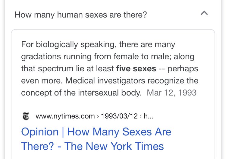 Q5. How many human sexes are there?A. There are at least five sexes.(Anne Fausto-Sterling’s idea that VSDs can be placed into three new sex categories, even though people with these conditions are either male or female in accordance with reproductive phenotype.)