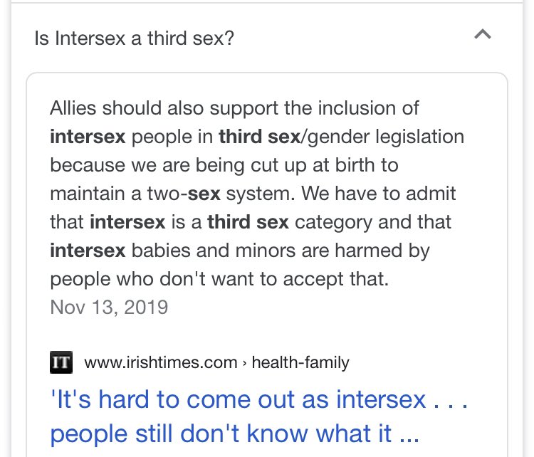 Q4. Is intersex a third sex?A. We have to admit that intersex is a third sex category.(Those with these conditions who are fertile always produce either sperm or ova, not both, and not a third gamete. Thus, intersex is not a third sex.)