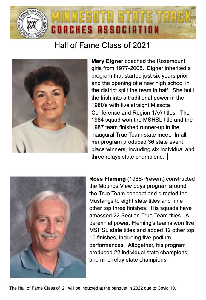 MNTFCA's tweet image. The Minnesota Track &amp;amp; Field Coaches Association welcomes the Hall of Fame Class of 2021 - Mary Eigner of Rosemount and Ross Fleming of Mounds View.