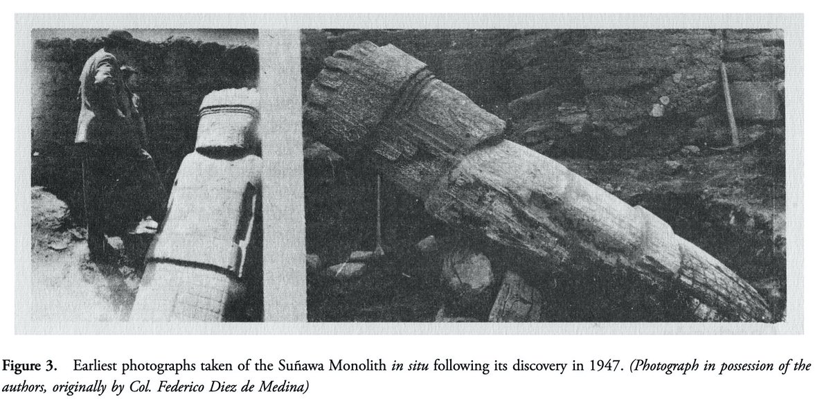 The authors discuss the finding of the monolith in 1947 after a rare earthquake damaged a house near Tiwanaku. Labourers hired to dig up and create adobe bricks to repair a wall. In this process (at 50cm below surface) that the andesitic monolith was found (on its back). 10/25
