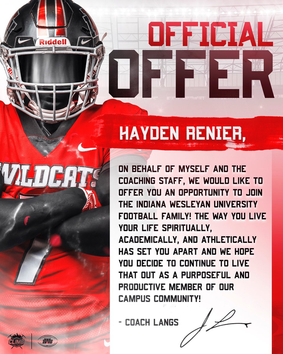 HaydenRenier38's tweet photo. I am beyond excited to receive an offer to play for Indiana Wesleyan University! Thank you @CoachjjClark @Coach_Langs @IndWesleyan_FB for this opportunity! CLIMB! @york_dukes @CoachFitzFball https://t.co/KOV6Ch6WpF
