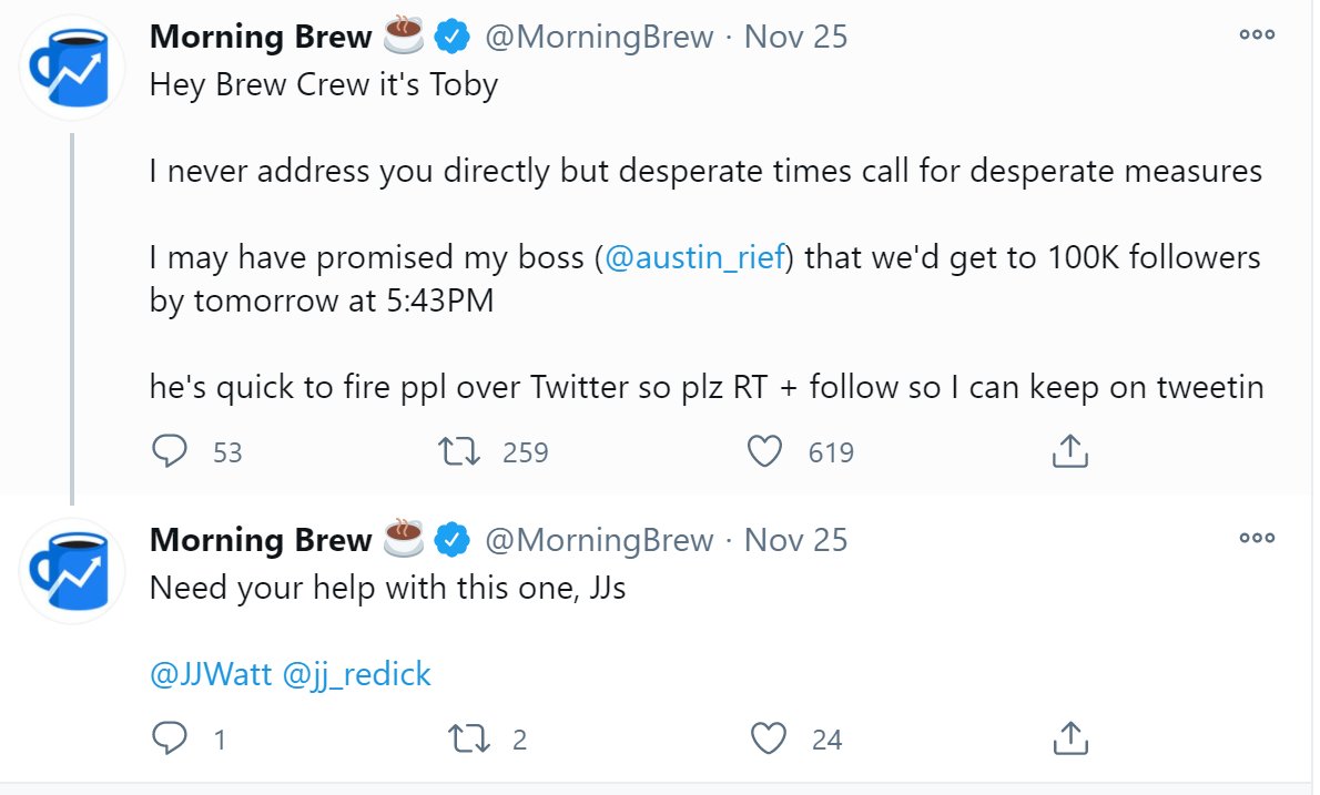 Growth Opportunities • Morning Brew's biggest growth came from two events• A beef with Dave Portnoy• Their 100K follower push• Create reasons for people to follow you