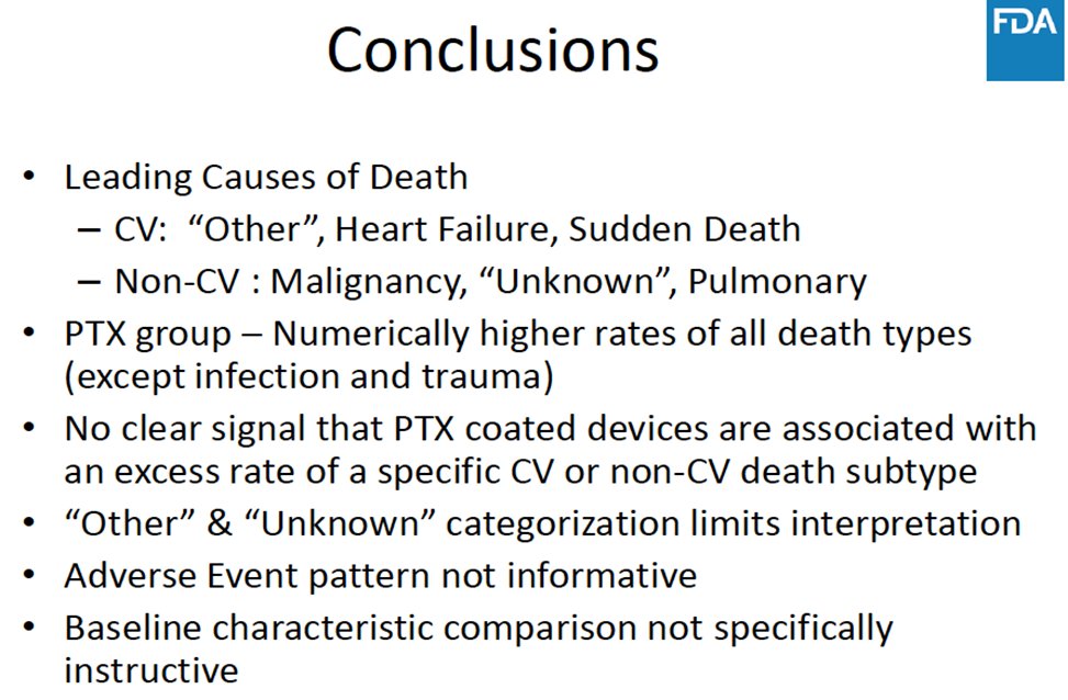9/At the panel, the FDA presented their internal data. Although a signal of harm persisted, they could not find a clear mechanism or cause of death. Device manufacturers presented individual trial data that also failed to reproduce the harm seen in the composite meta-analysis.