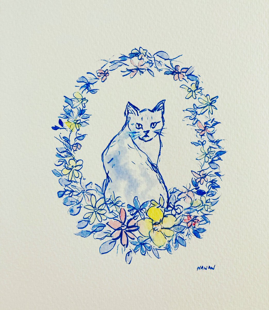 Nanan 猫と花の絵 絵 イラスト Art 水彩 猫好き