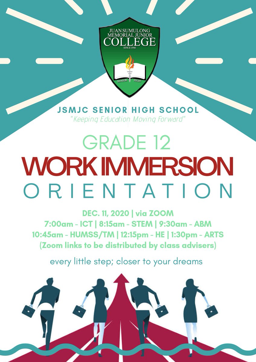 IAmSumulongSHS's tweet photo. [EVENT]  We are inviting the PARENTS of all Grade 12 students to join us in our Virtual Work Immersion Orientation on Dec. 11, 2020 via Zoom. Links shall be distributed by the class advisers. Please be guided by our schedule below:

#JSMJCFWD>>
#KeepingEducationMovingForward https://t.co/jo8MoSoSZd