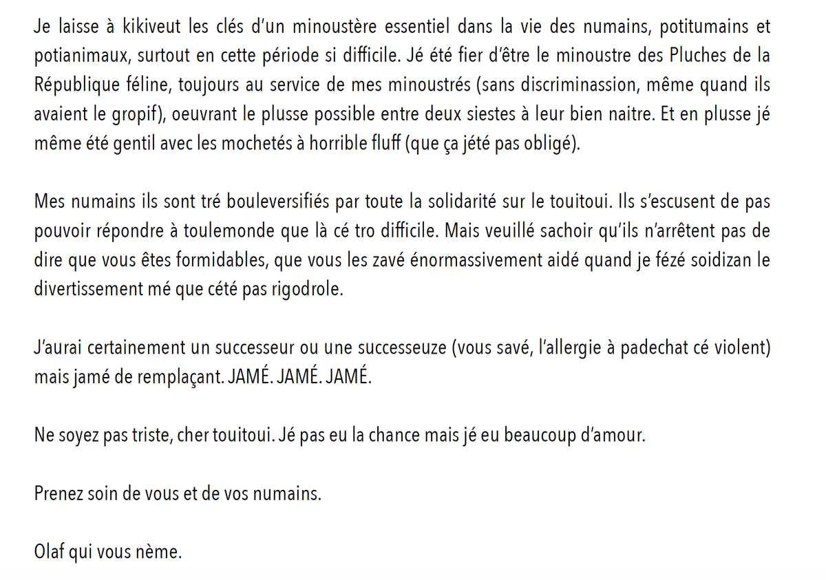 Olaf_Chat's tweet image. ⚫️ Je suis parti cette nuit à la Grande sieste, les chamis. Même si mes numains ils sont inconsolables, je voulé vous laisser un message d'espoir comevoissi. 
Bisounez. 
Votre Olaf ❤️