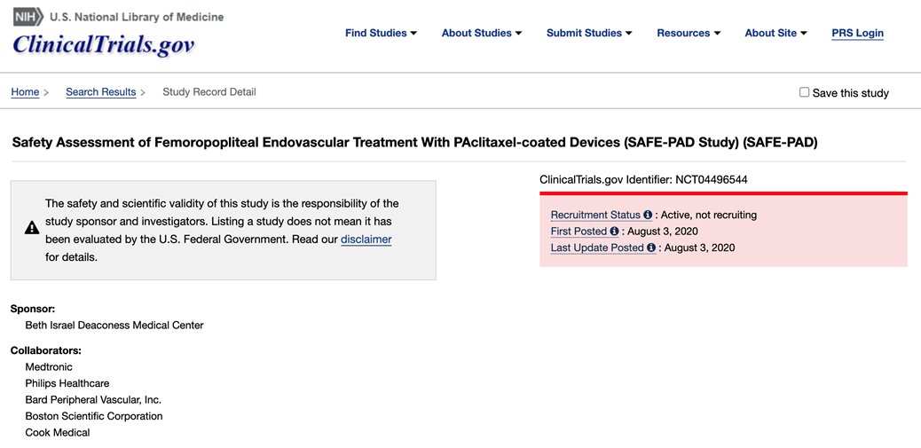 13/ @SmithBIDMC was engaged to design a study using CMS data to provide a longitudinal mechanism to evaluate this harm signal. This prespecified analysis designed w/the FDA called SAFE-PAD will continue until '23 when all pts reach a >5 years of follow-up. https://clinicaltrials.gov/ct2/show/NCT04496544