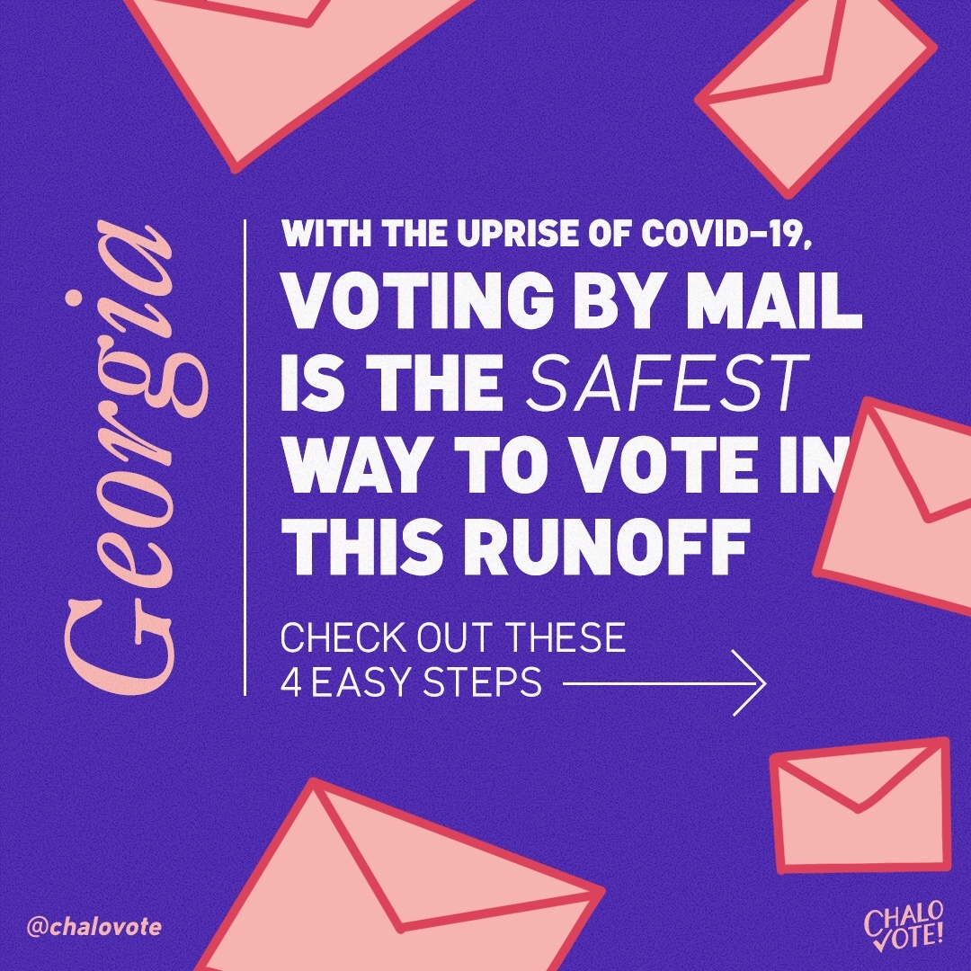 chalovote's tweet photo. With the uprise of COVID cases, voting by mail is still the SAFEST way to vote. Apply for your Vote by Mail Ballot today so you have enough time to complete, return and confirm your vote!#ChaloGeorgia #VoteByMail #GeorgiaRunOff #SenateRunOff https://t.co/oFvuxkXC4x