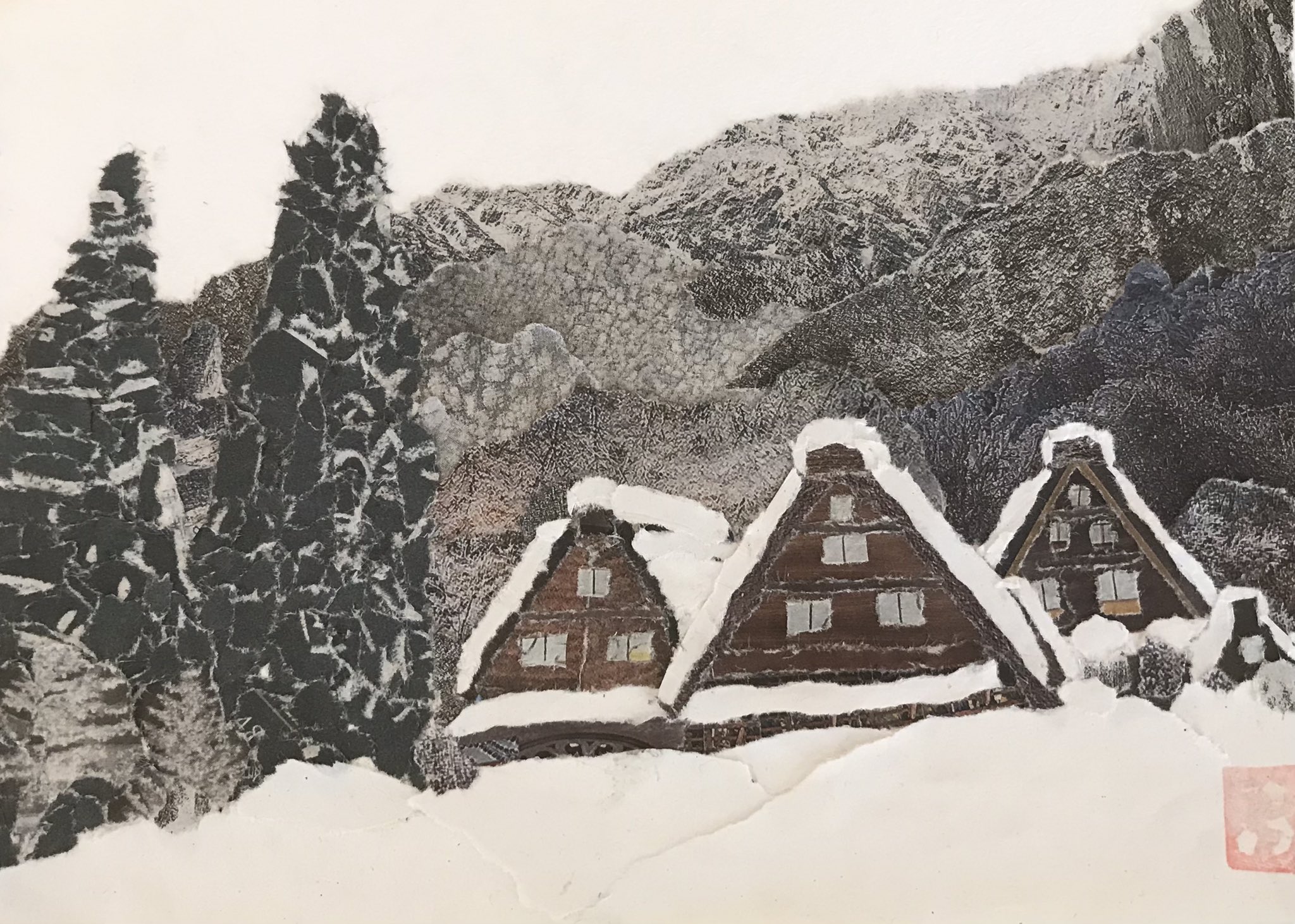 新作人気 白川郷 ちぎり絵 冬景色 絵画 タペストリ 新作人気 白川郷 ちぎり絵 冬景色 絵画 タペストリ