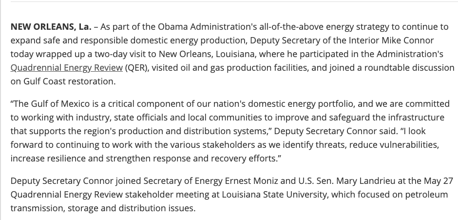 As Deputy Secretary of the Interior, Connor didn't have much room to stray from the Administration’s line.That said, I think it's worth asking if he still supports an “all-of-the-above” energy strategy today. ( https://bit.ly/2Lf62hu )