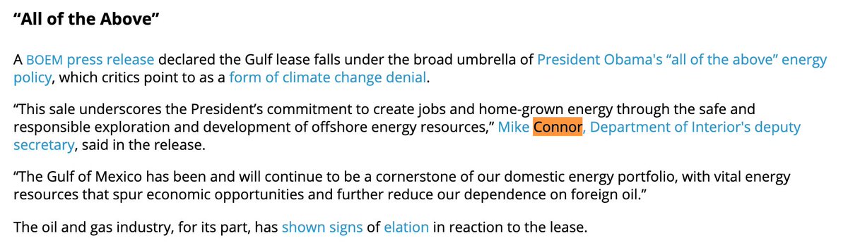 Similarly, I think it's reasonable to ask if Connor still considers offshore oil production “safe and responsible," especially given the rate at which Trump’s DOI has auctioned leases in the Gulf of Mexico since taking office. ( https://bit.ly/2VXRSDx&nbsp;)