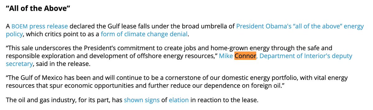 Similarly, I think it's reasonable to ask if Connor still considers offshore oil production “safe and responsible," especially given the rate at which Trump’s DOI has auctioned leases in the Gulf of Mexico since taking office. ( https://bit.ly/2VXRSDx )
