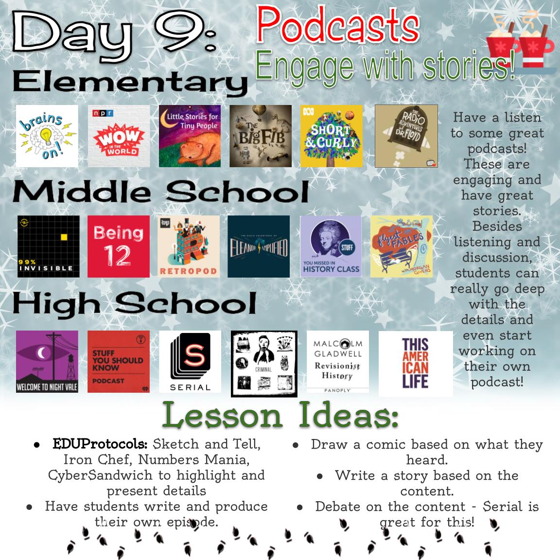herrplatt's tweet image. #EdTechAdvent Day 9 - Storytelling with Podcasts. Here&apos;s a list of great podcasts for K-12 and some lesson ideas. Enjoy! bit.ly/edtechadvent20…