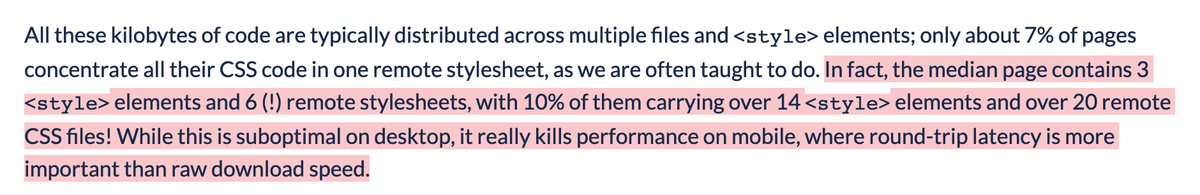 Median page includes 6 remote stylesheets... oh my. External stylesheets blog the first paint... That really slows things down on flaky connections. 