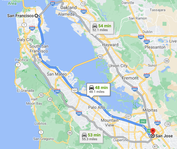 The geographic size of the Bay Area's lack of affordability doesn't get enough context. Example: San Francisco to San Jose, 48mi (77km). Both cities are about as expensive, and so is most everything in-between. *Driving distance but it's approximate enough. (1/8)
