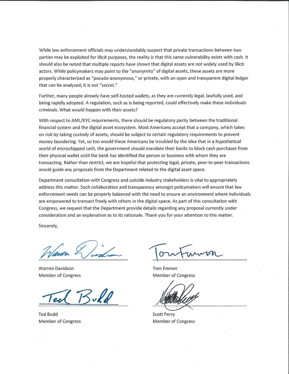 WarrenDavidson's tweet image. I’m troubled by rumors that @StevenMnuchin1 plans to enact burdensome regulations on digital self-hosted wallets. My colleagues @RepTomEmmer, @RepTedBudd, and @RepScottPerry have sent a letter to @USTreasury urging him to rethink these regs &amp;amp; consult with Congress on #FinTech.