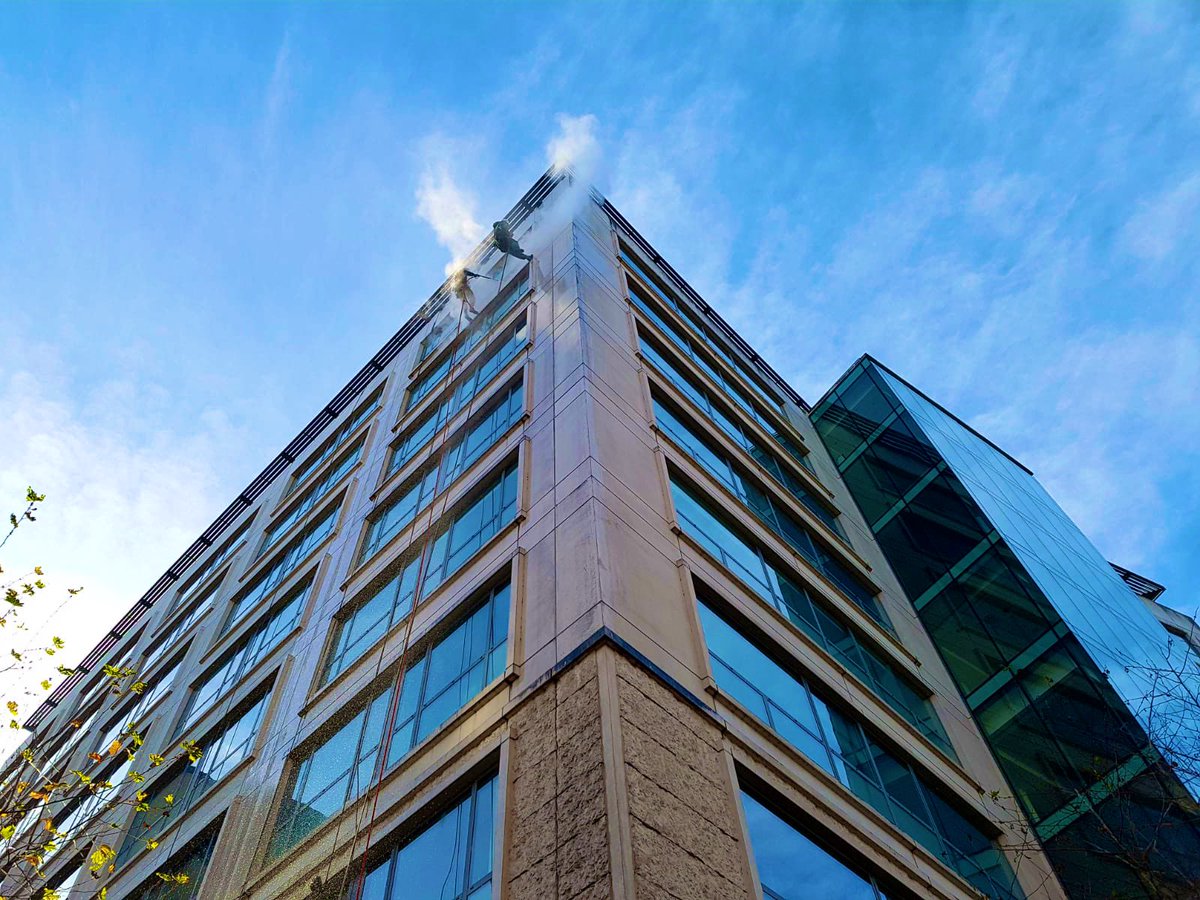 Team out making clouds today!!! #facadecleaning #ropeaccess