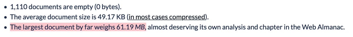 The largest analysed HTML document was 61MB. :D  https://almanac.httparchive.org/en/2020/markup#document-size