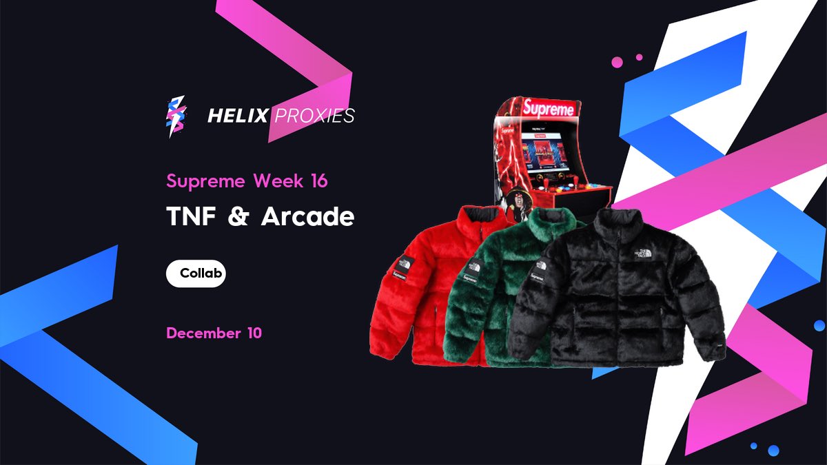 Supreme’s Week 16 TNF collab consists of a puffy, backpack, and waist bag all featuring faux fur.

Make sure you’re setup and have reliable proxies ready for tomorrow’s drop!

Buy now at helixproxies.vip/plans !

Use code SUPREME for 15% off your next order!🧬⚡️