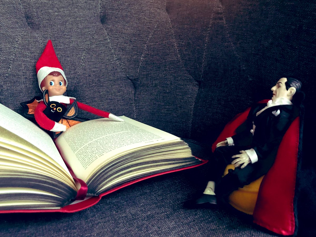 HTancre's tweet image. Our elf hanging out and reading Dracula with non other than Dracula himself. #ElfOnTheShelf #Dracula