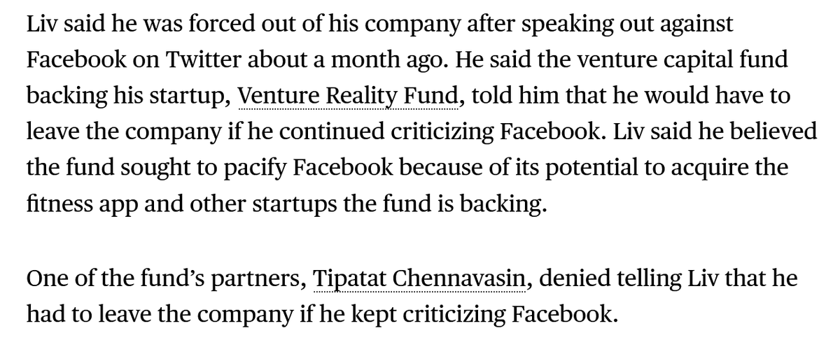 13/ On Dec 3, Bloomberg reports "Liv said he was forced out of his company after speaking out against Facebook on Twitter about a month ago." @TheVRFund's  @tipatat "denied telling Liv that he had to leave the company if he kept criticizing Facebook." https://www.bloomberg.com/news/articles/2020-12-03/facebook-accused-of-squeezing-rival-startups-in-virtual-reality